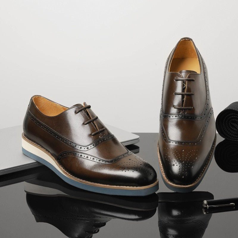 Sapatos Formais Masculinos Exóticos Com Plataforma Wingtip - Café