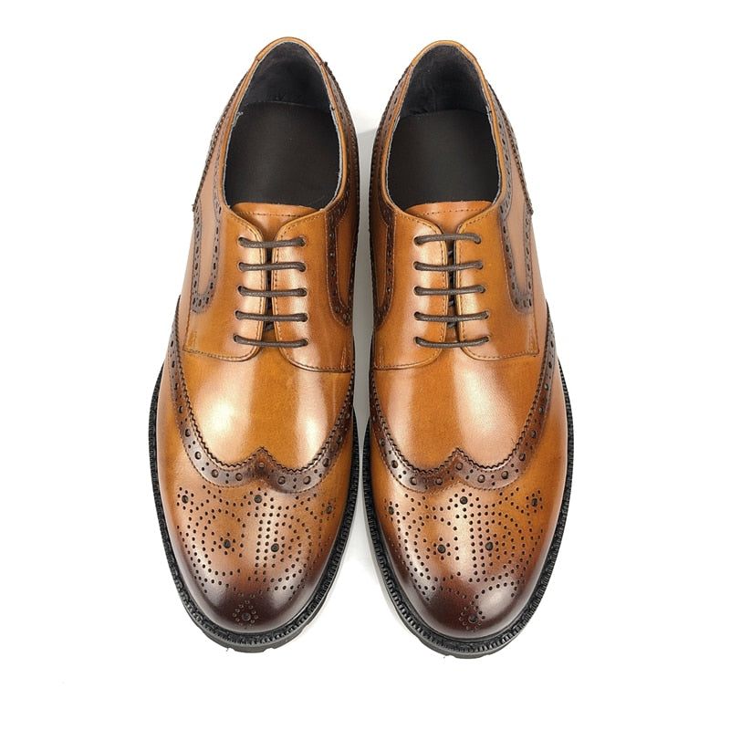 Sapatos Formais Masculinos Exóticos Couro Com Cadarço Brogue - Café