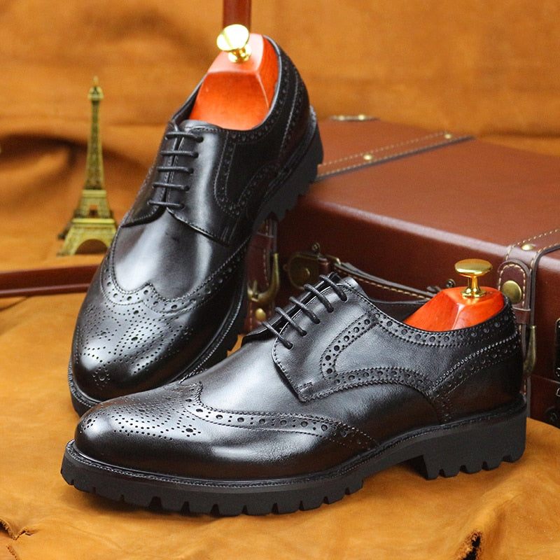 Sapatos Formais Masculinos Exóticos Couro Com Cadarço Brogue - Preto