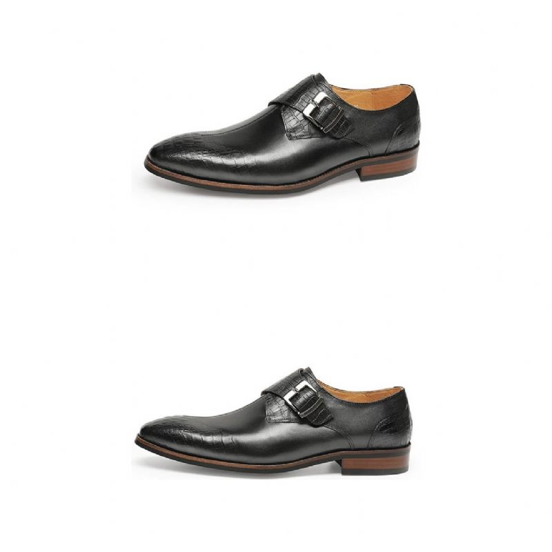 Sapatos Formais Masculinos Exóticos Esculpidos Com Fivela Jacaré Pontiagudos Monge - Preto