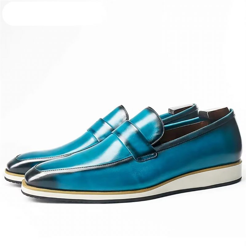 Sapatos Formais Masculinos Genuínos Com Bico Quadrado Casual Slip-ons - Azul