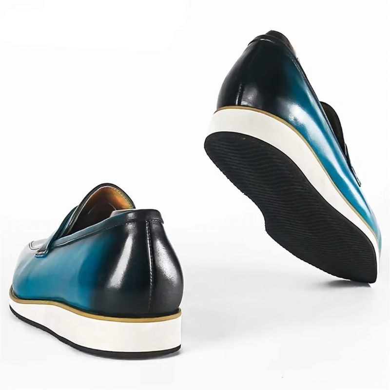 Sapatos Formais Masculinos Genuínos Com Bico Quadrado Casual Slip-ons - Azul