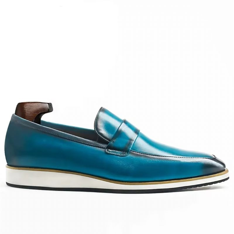 Sapatos Formais Masculinos Genuínos Com Bico Quadrado Casual Slip-ons - Azul