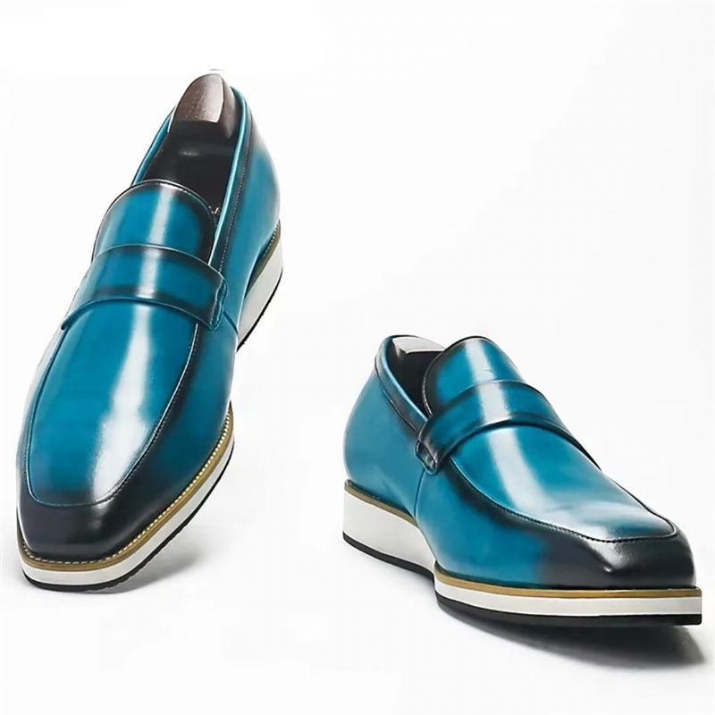 Sapatos Formais Masculinos Genuínos Com Bico Quadrado Casual Slip-ons - Azul