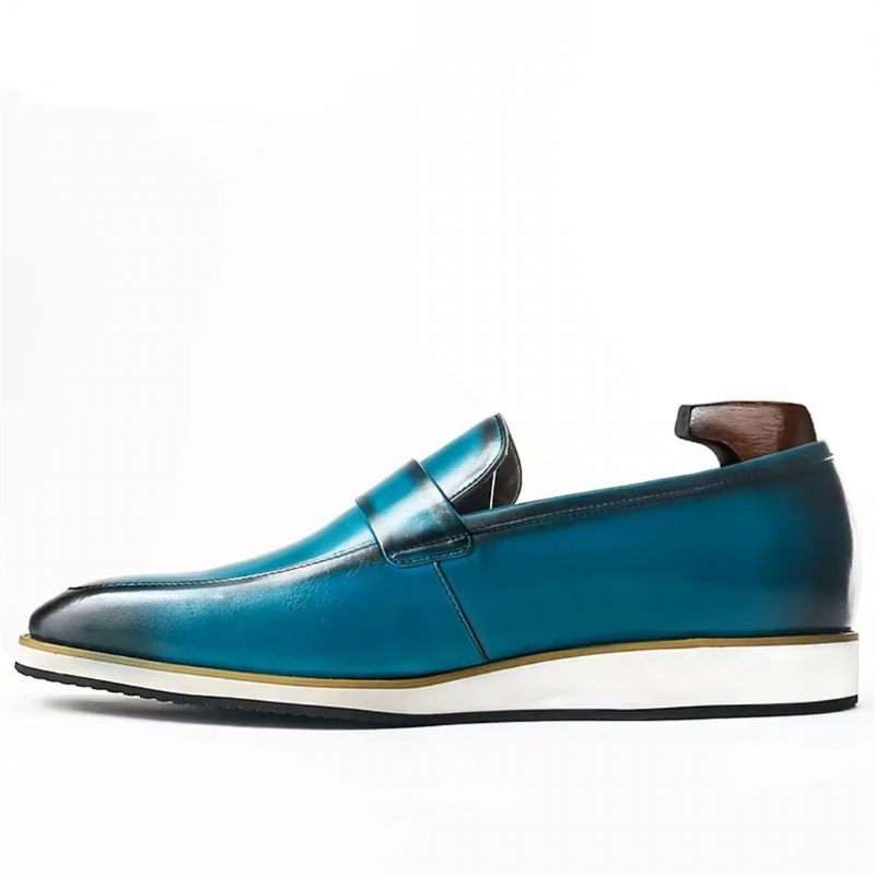 Sapatos Formais Masculinos Genuínos Com Bico Quadrado Casual Slip-ons - Azul