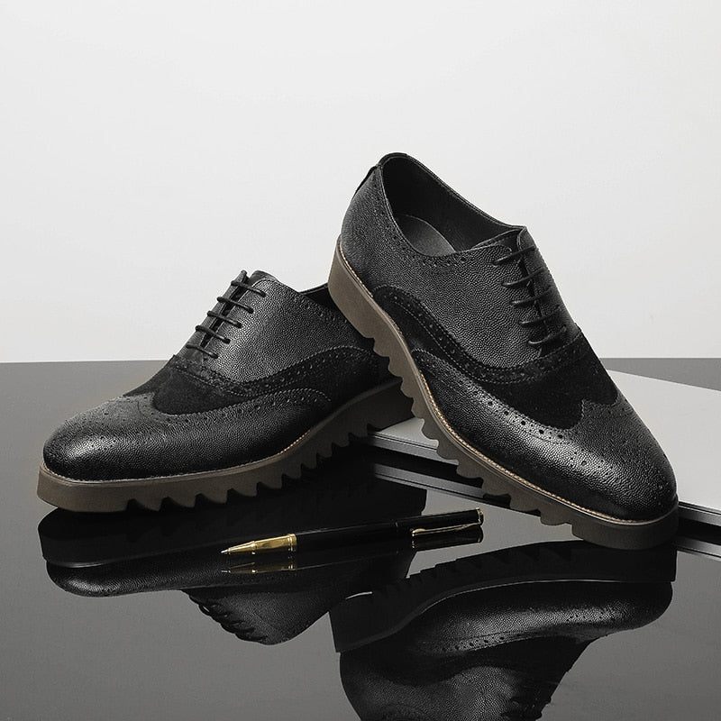 Sapatos Formais Masculinos Jacaré Luxo Wingtip Brogue Casuais - Preto