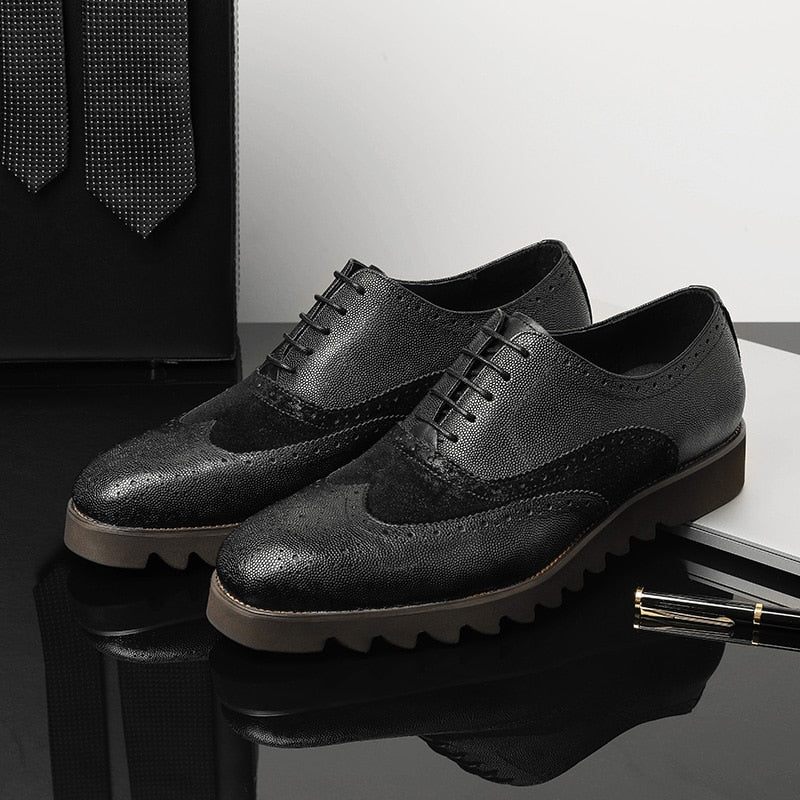 Sapatos Formais Masculinos Jacaré Luxo Wingtip Brogue Casuais - Preto