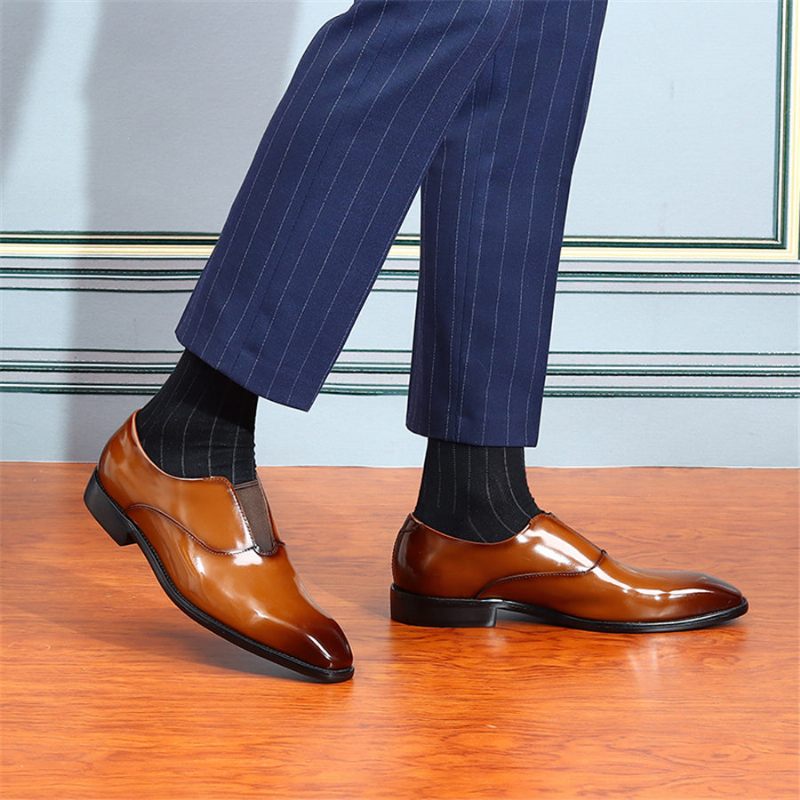 Sapatos Formais Masculinos Luxo Com Bico Fino E Elástico Para Casamento - Café