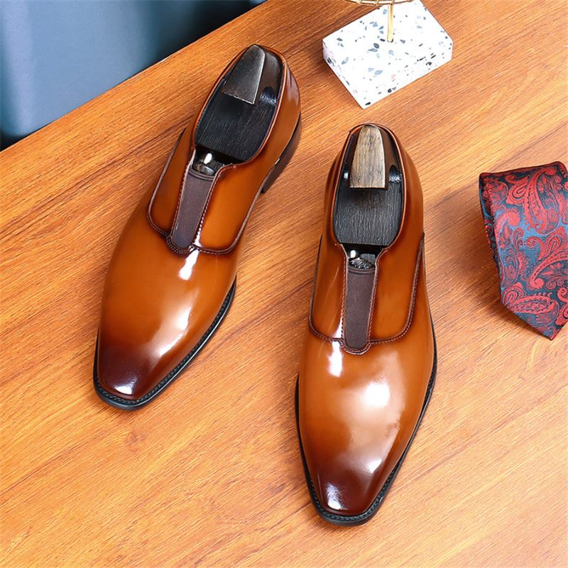 Sapatos Formais Masculinos Luxo Com Bico Fino E Elástico Para Casamento - Café