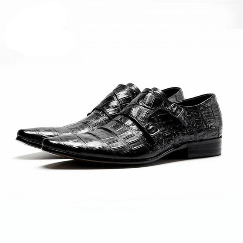 Sapatos Formais Masculinos Luxo Com Padrão Jacaré Pontiagudo Brogue - Preto