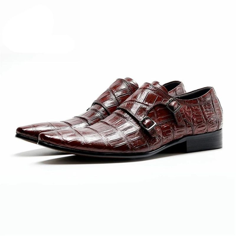 Sapatos Formais Masculinos Luxo Com Padrão Jacaré Pontiagudo Brogue - Vermelho