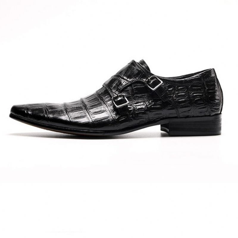 Sapatos Formais Masculinos Luxo Com Padrão Jacaré Pontiagudo Brogue - Preto