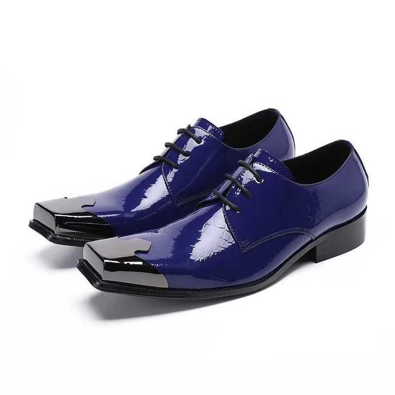 Sapatos Formais Masculinos Luxo Com Textura Croc Couro Genuíno Derbies - Azul