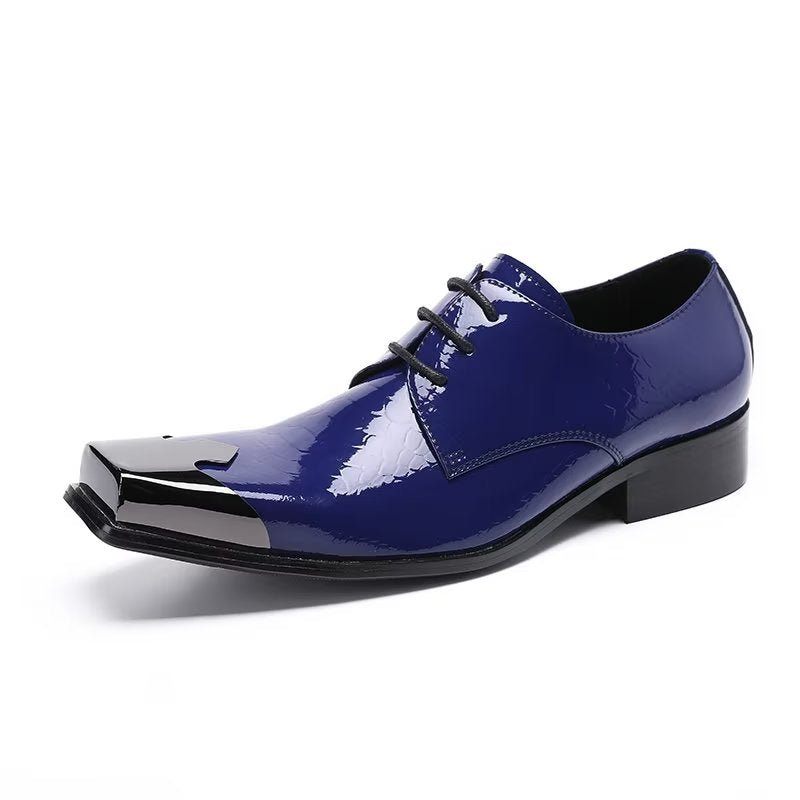 Sapatos Formais Masculinos Luxo Com Textura Croc Couro Genuíno Derbies - Azul