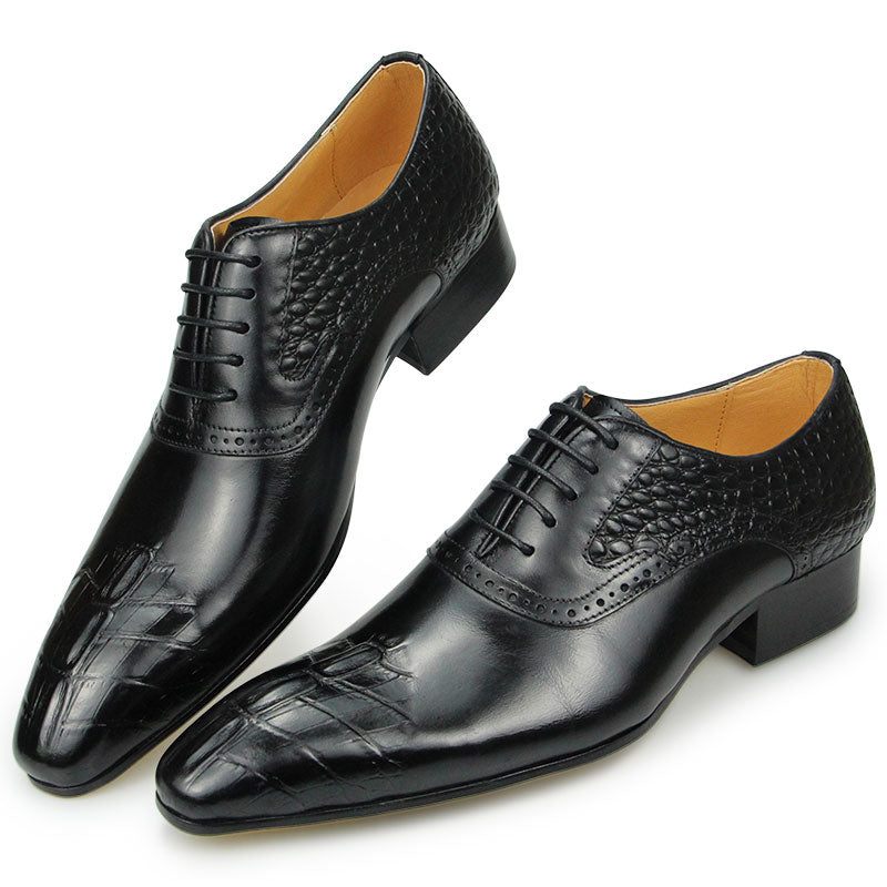 Sapatos Formais Masculinos Luxo Com Textura Crocodilo Bico Fino Oxford - Preto