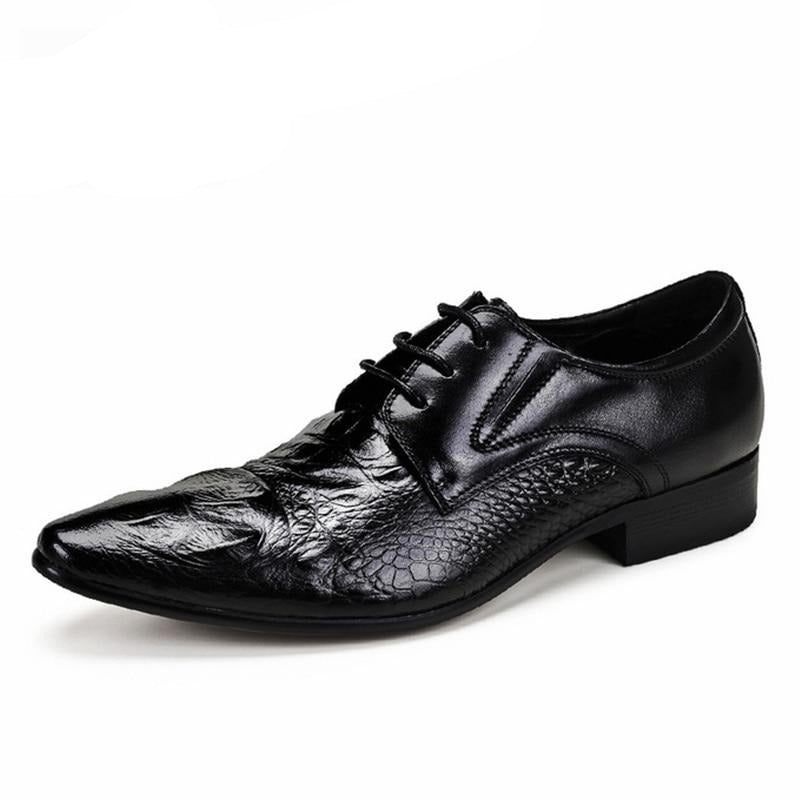 Sapatos Formais Masculinos Luxo Couro Crocodilo Bico Fino Brogue - Preto