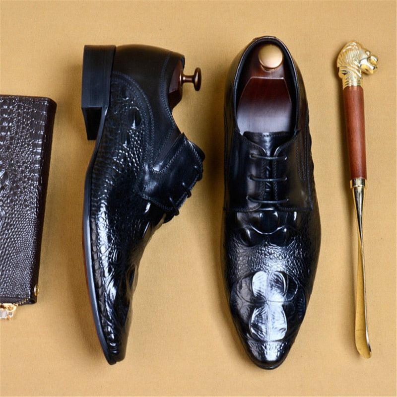 Sapatos Formais Masculinos Luxo Couro Crocodilo Bico Fino Brogue - Preto