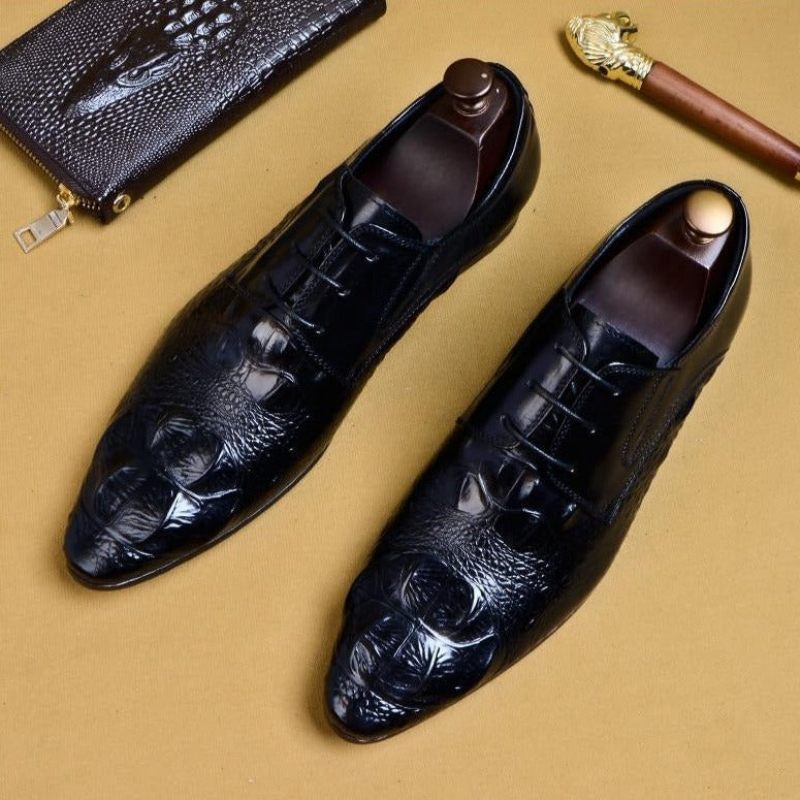 Sapatos Formais Masculinos Luxo Couro Crocodilo Bico Fino Brogue - Preto