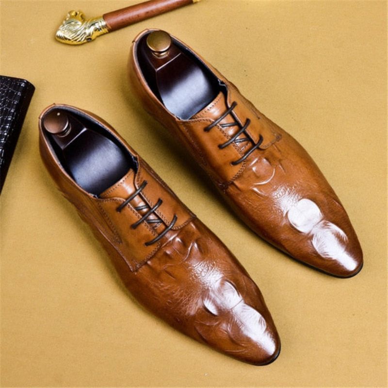 Sapatos Formais Masculinos Luxo Couro Crocodilo Bico Fino Brogue - Marrom