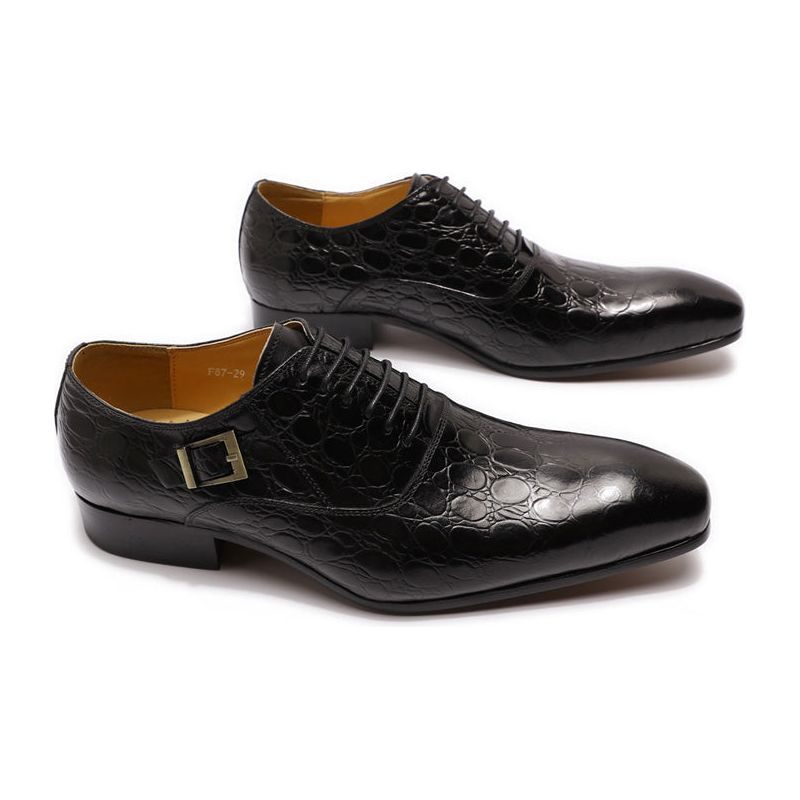 Sapatos Formais Masculinos Luxo Couro Crocodilo Bico Fino Sociais Oxford - Preto