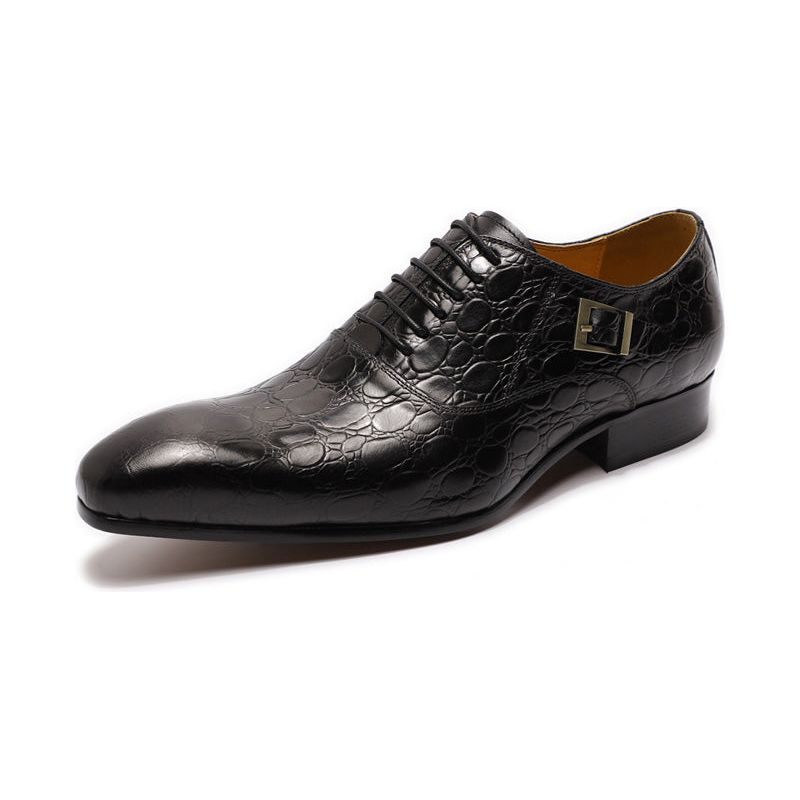 Sapatos Formais Masculinos Luxo Couro Crocodilo Bico Fino Sociais Oxford - Preto