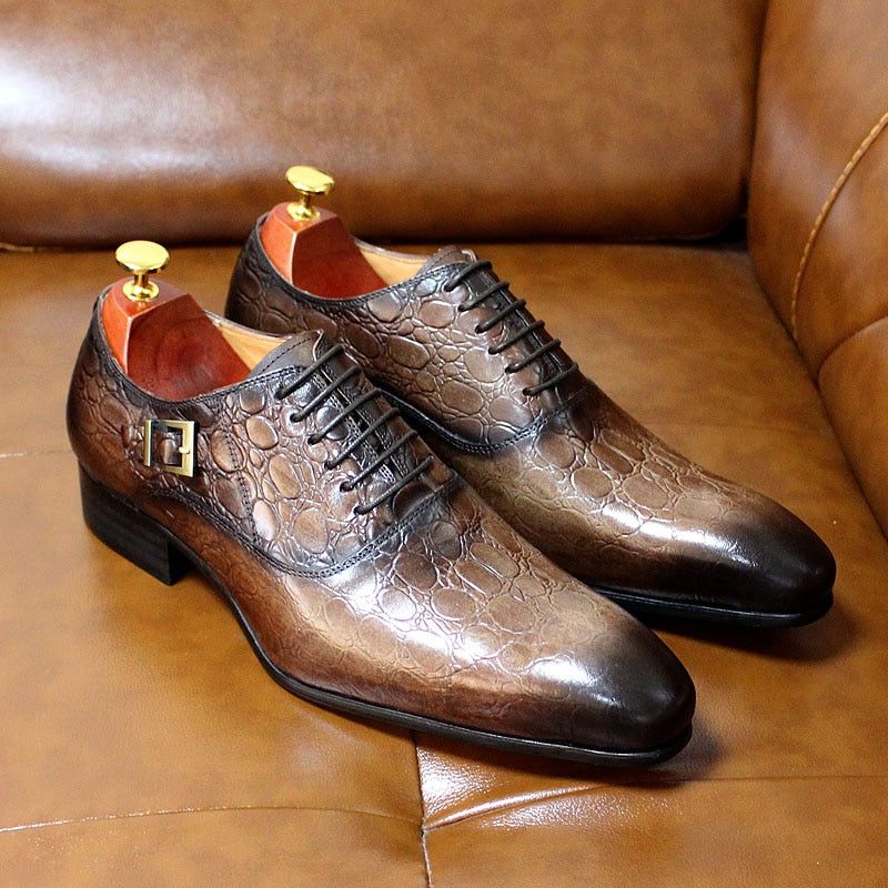 Sapatos Formais Masculinos Luxo Couro Crocodilo Bico Fino Sociais Oxford - Café