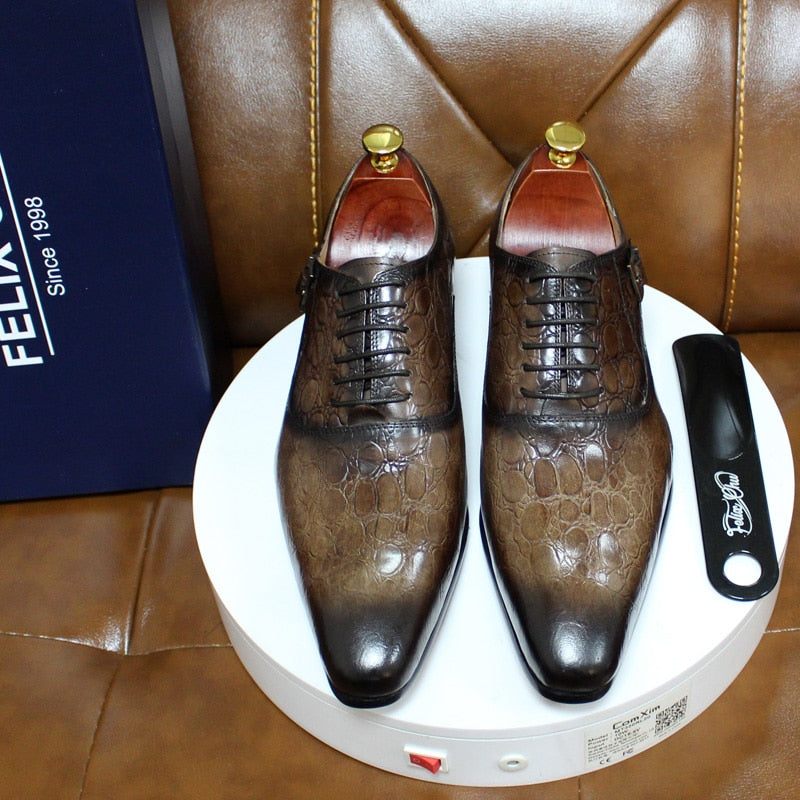 Sapatos Formais Masculinos Luxo Couro Crocodilo Bico Fino Sociais Oxford - Café