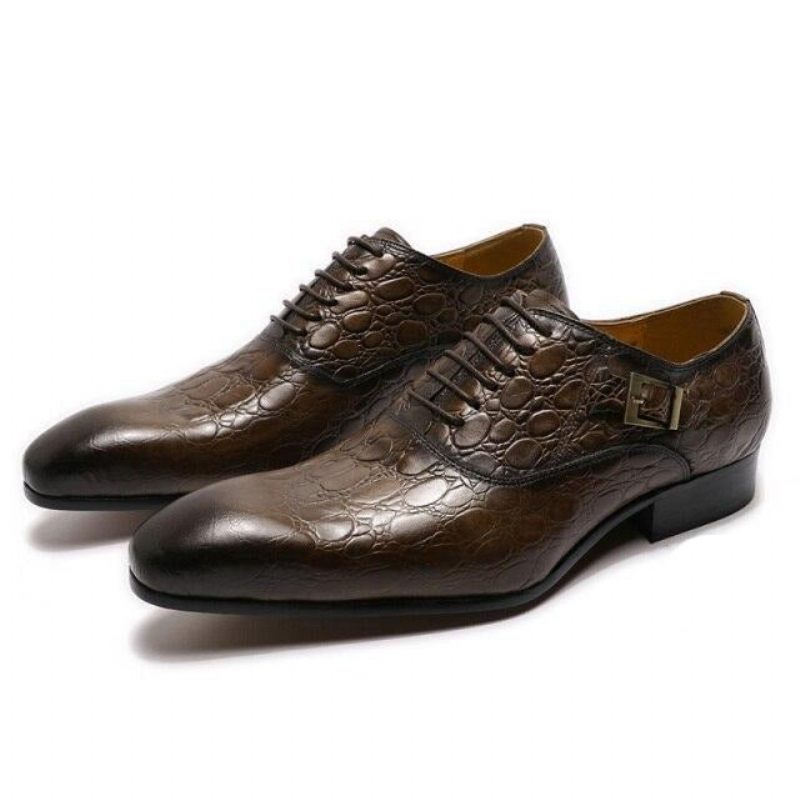 Sapatos Formais Masculinos Luxo Couro Crocodilo Bico Fino Sociais Oxford - Café