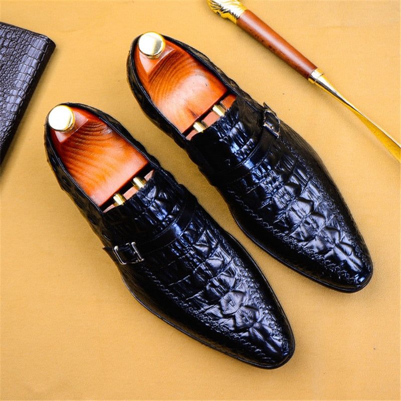 Sapatos Formais Masculinos Luxo Couro Crocodilo Fivela Cinta Oxford Sociais - Preto