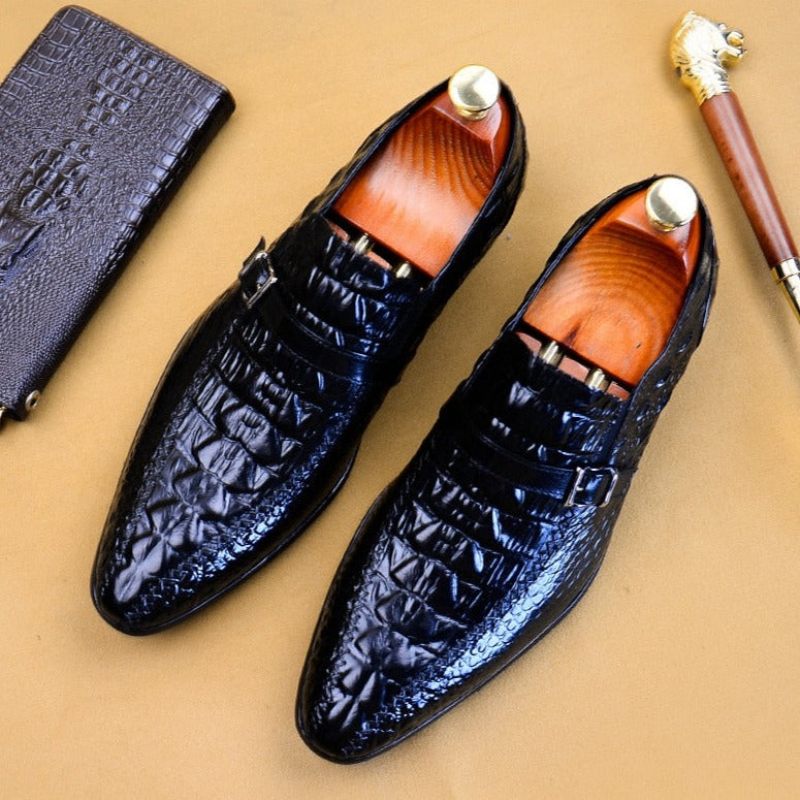 Sapatos Formais Masculinos Luxo Couro Crocodilo Fivela Cinta Oxford Sociais - Preto