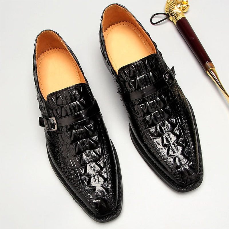 Sapatos Formais Masculinos Luxo Couro Crocodilo Fivela Cinta Oxford Sociais - Preto