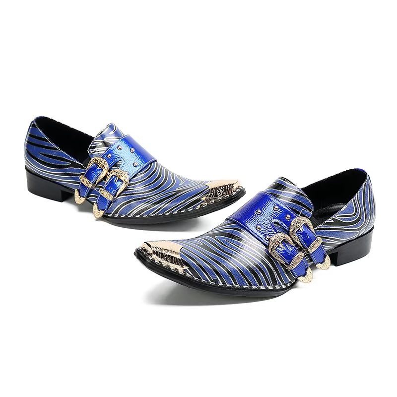 Sapatos Formais Masculinos Luxo Couro Exótico Bico Quadrado Monkstraps - Azul