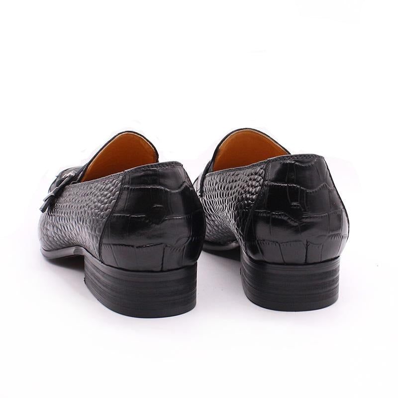 Sapatos Formais Masculinos Luxo Crocprint Fivela Cinta Mocassins Couro - Preto