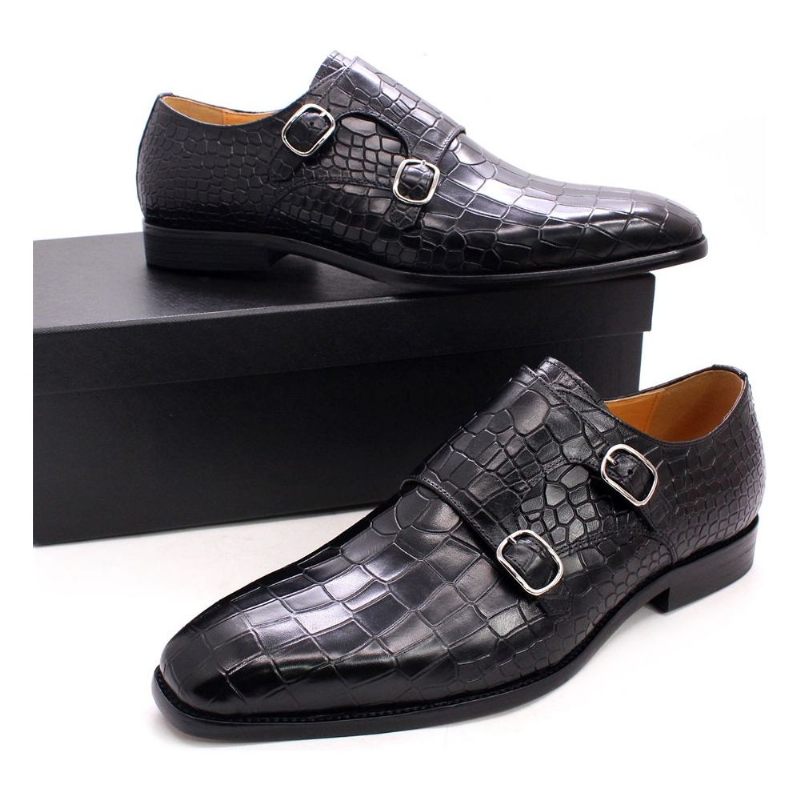 Sapatos Formais Masculinos Luxo Crocstride Square Toe Monk Strap Sociais - Preto 