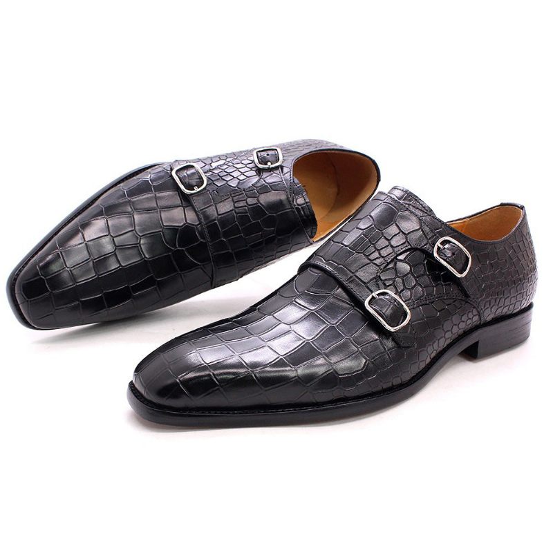 Sapatos Formais Masculinos Luxo Crocstride Square Toe Monk Strap Sociais - Preto 