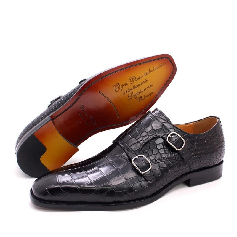 Sapatos Formais Masculinos Luxo Crocstride Square Toe Monk Strap Sociais - Preto 