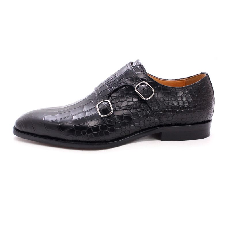 Sapatos Formais Masculinos Luxo Crocstride Square Toe Monk Strap Sociais - Preto 