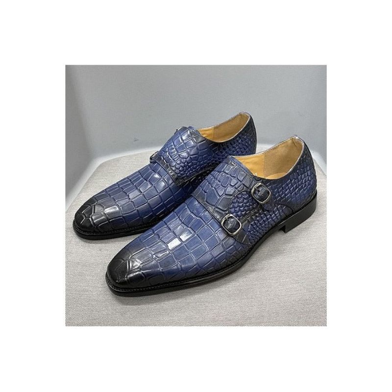 Sapatos Formais Masculinos Luxo Crocstride Square Toe Monk Strap Sociais -  Azul