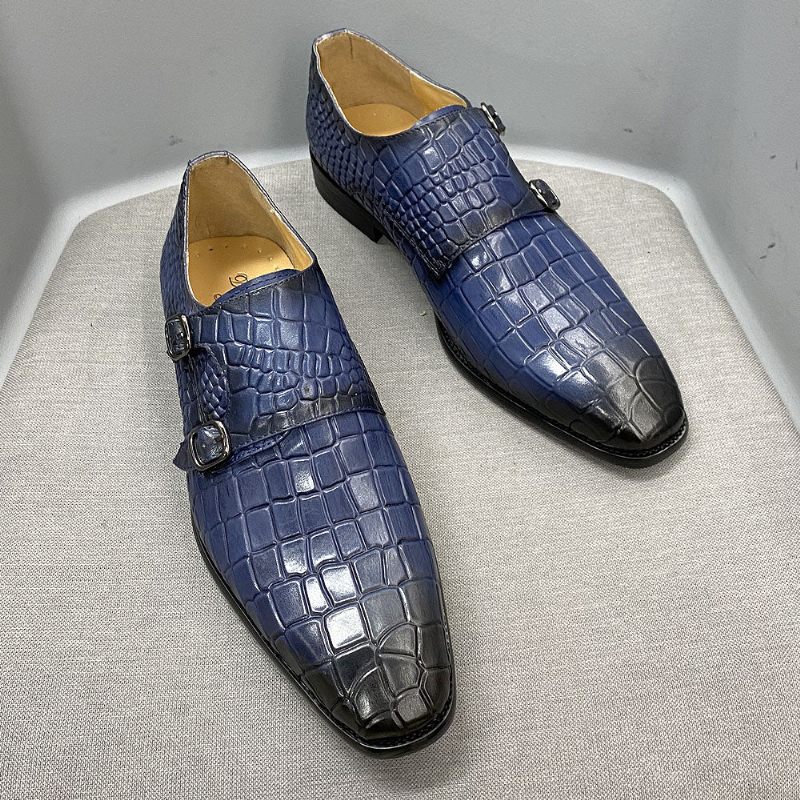 Sapatos Formais Masculinos Luxo Crocstride Square Toe Monk Strap Sociais -  Azul