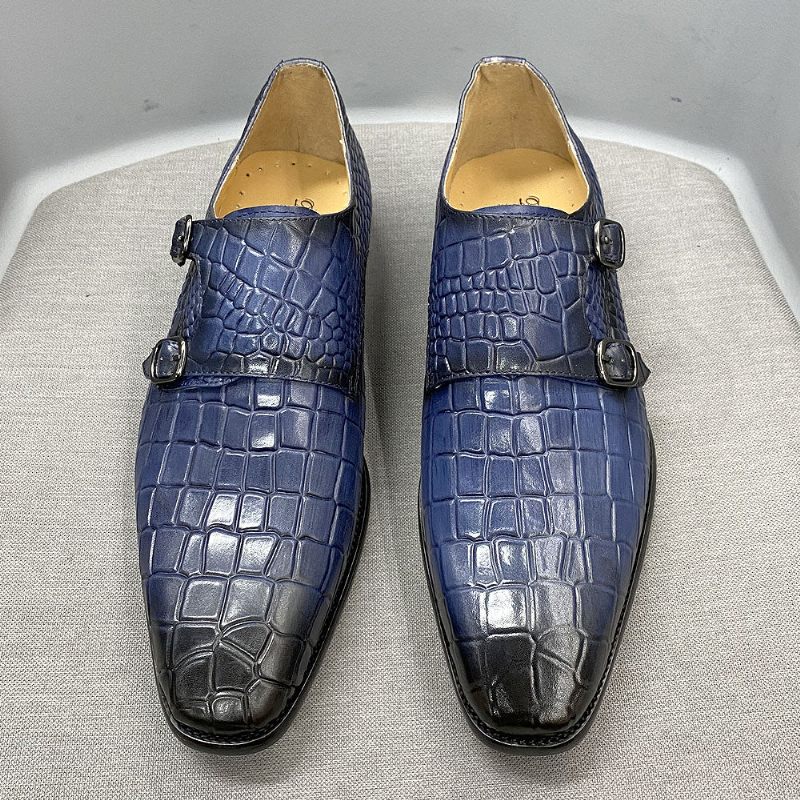 Sapatos Formais Masculinos Luxo Crocstride Square Toe Monk Strap Sociais -  Azul