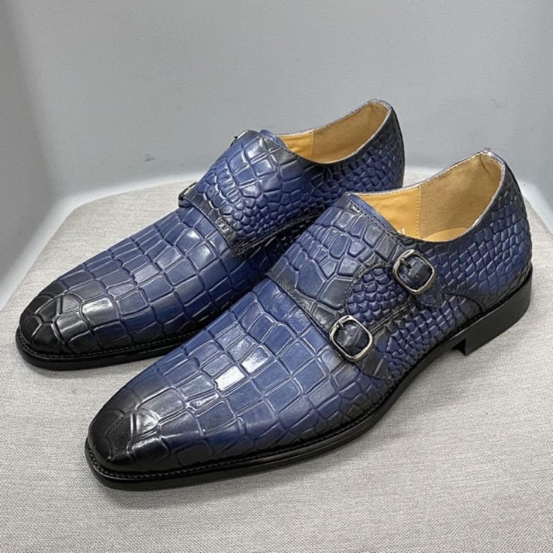 Sapatos Formais Masculinos Luxo Crocstride Square Toe Monk Strap Sociais -  Azul