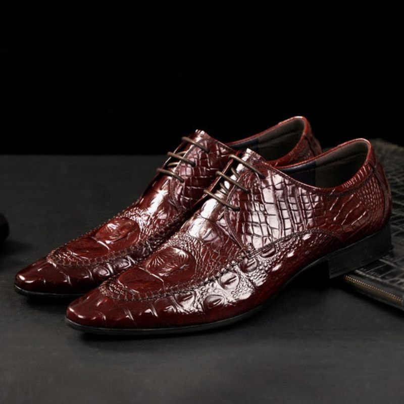 Sapatos Formais Masculinos Luxo Em Couro Crocodilo Oxford - Vermelho