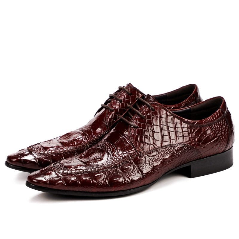 Sapatos Formais Masculinos Luxo Em Couro Crocodilo Oxford - Vermelho