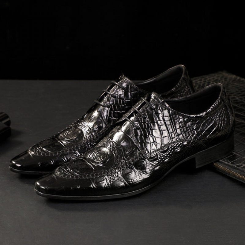 Sapatos Formais Masculinos Luxo Em Couro Crocodilo Oxford - Preto