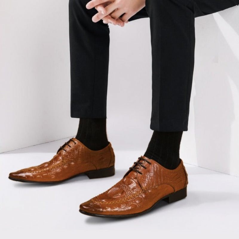 Sapatos Formais Masculinos Luxo Em Couro Crocodilo Oxford - Marrom