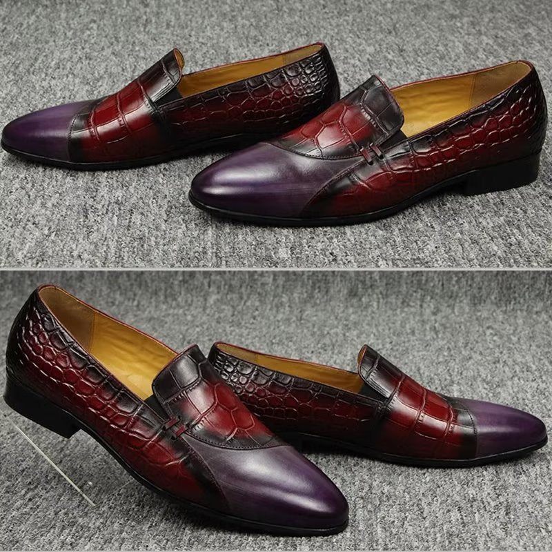 Sapatos Formais Masculinos Mocassins Couro Genuíno Com Padrão Crocodilo - Vermelho