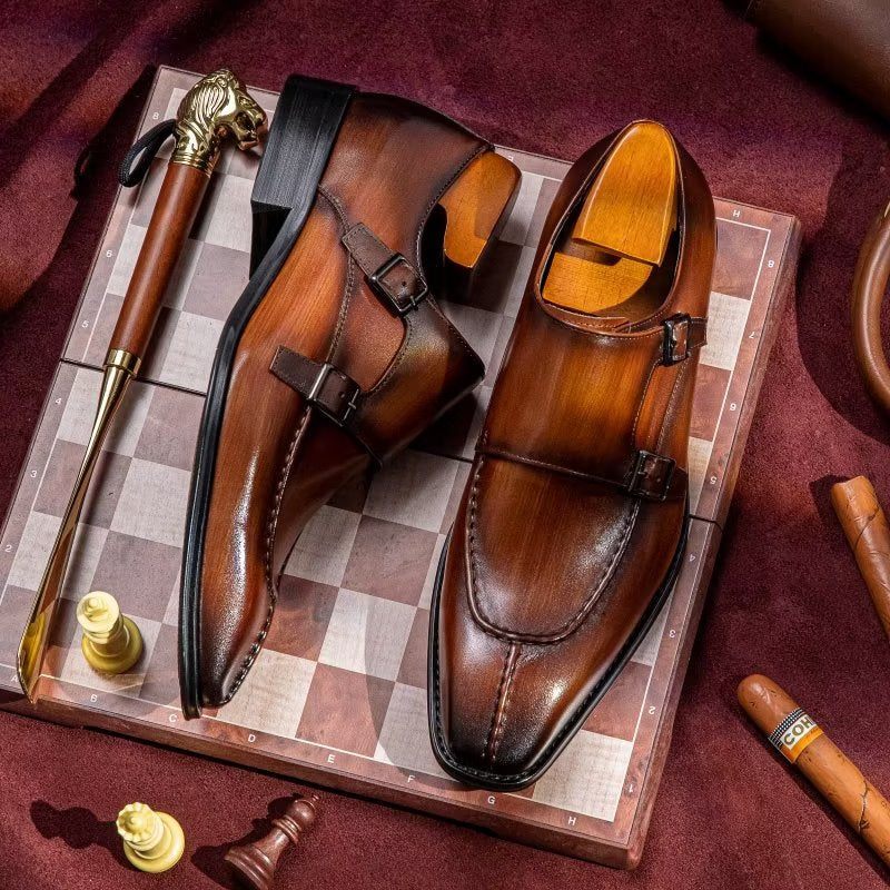 Sapatos Formais Masculinos Monkstrap Elegantes Sociais Couro Vaca - Café