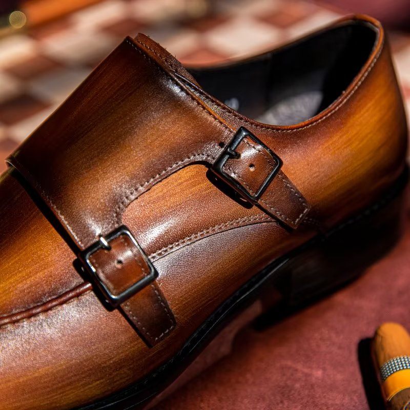 Sapatos Formais Masculinos Monkstrap Elegantes Sociais Couro Vaca - Café