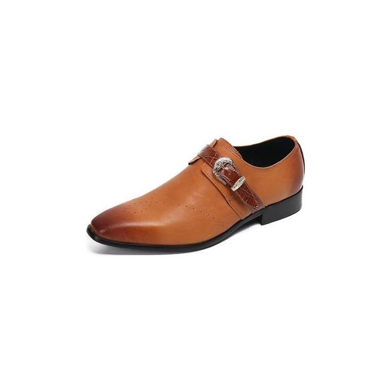 Sapatos Formais Masculinos Monkstraps Elegantes Slip-ons Com Couro Genuíno - Marrom