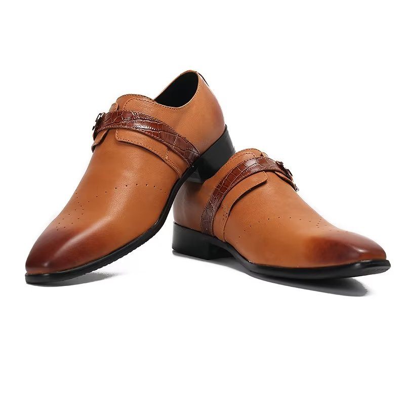 Sapatos Formais Masculinos Monkstraps Elegantes Slip-ons Com Couro Genuíno - Marrom